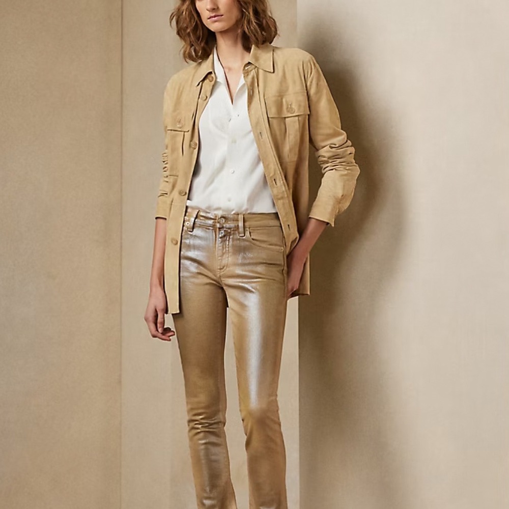 NWOT‎ Ralph Lauren 160 Slim Denim Skinny Leg Jeans Womens 28 Metallic Gold Italy